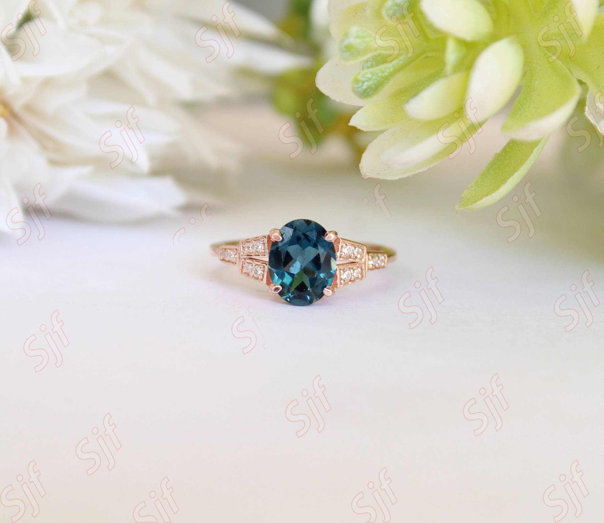 Ovaler 8x6mm Natürlicher London Blue Topaz Gold Ehering, Verlobungsring Für Sie, Geburtsstein Ring, Diamant Geschenk Die Liebe von OGofJewelry