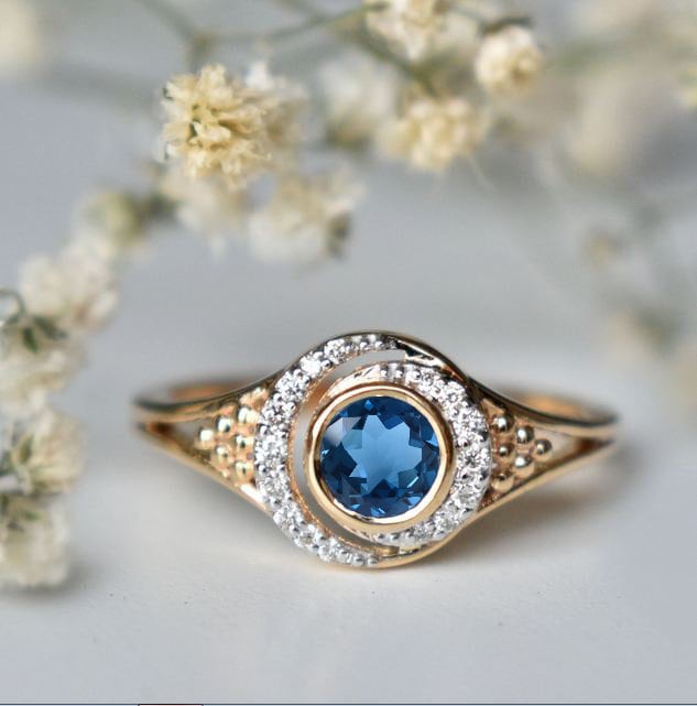 Rund 5, 00 Mm Natürlicher London Blau Verlobungsring Gold, Schöne Einfassung Einstellung Blauer Topas "Hochzeitsring" Geschenk Für Liebe von OGofJewelry