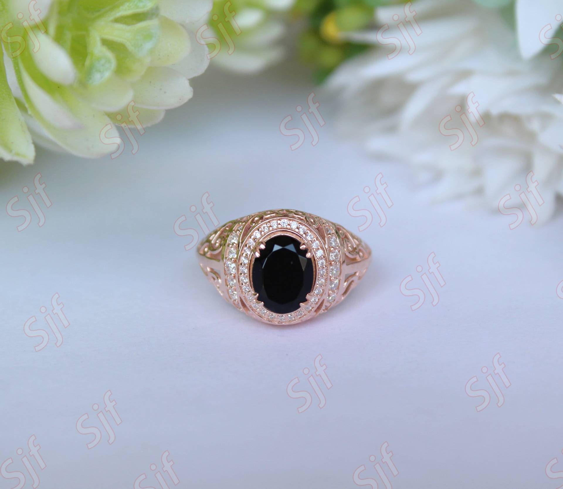 Vintage Art Deco Oval Shaped Aaa Natürlicher Schwarzer Onyx Gold Ehering, Verlobungsring Für Sie, Geschenk Zum Geburtstag, Diamant Halo Ring von OGofJewelry