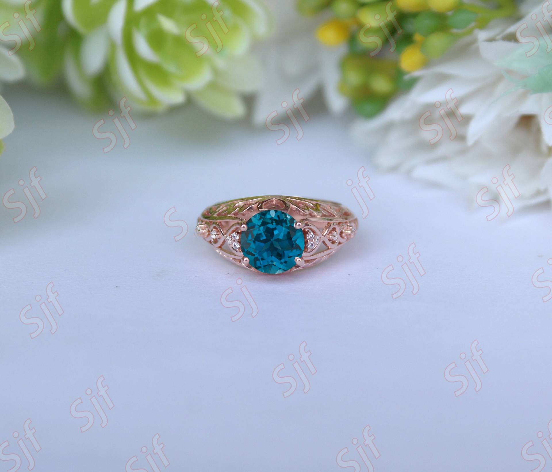 Wunderschöner Runder London Blue Topaz Ring, Gold Verlobungsring Für Sie, Vintage Frauen Schmuck, Geschenk Die Liebe von OGofJewelry