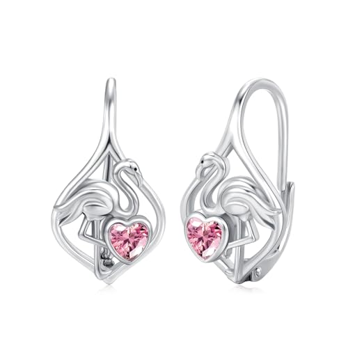 Flamingo Ohrringe Mädchen 925 Sterling Silber OHAYOO Tier Leverback Ohrringe für Frauen Flamingo Rosa Herz Oktober Geburtsstein Ohrringe Schmuck für Mädchen Geschenk von OHAYOO