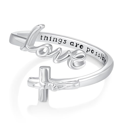 Kreuz Ring 925 Sterling Silber Mit Buchstaben Hope Jesus - Damen Schmuck Religiöses Geschenk für Männer Christen (LOVE) von OHAYOO