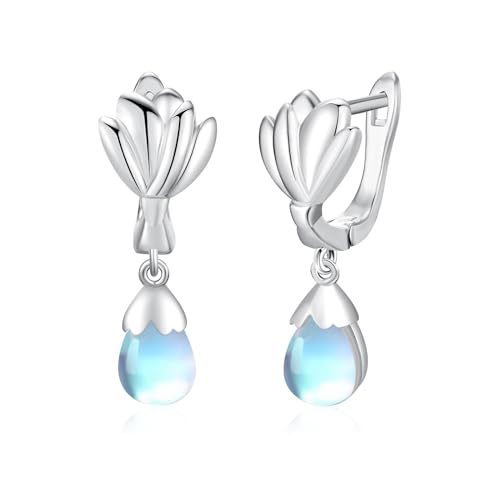 Mondstein Lotus Ohrringe Damen - 925 Sterling Silber Mondstein Creolen Lotus Blumen Ohrringe - Schmuck Geschenke für Mädchen und Muttertag von OHAYOO