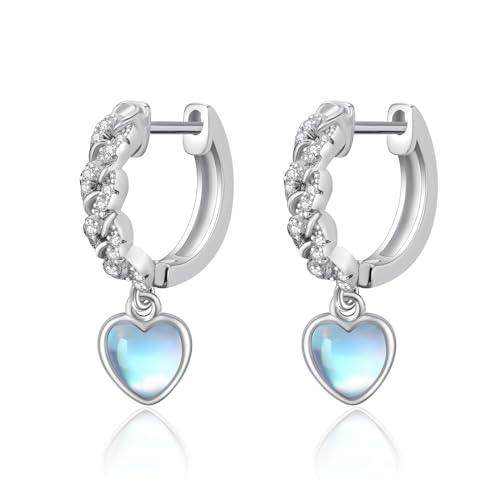 OHAYOO Mondstein Herz Ohrringe Damen 925 Sterling Silber Mondstein Ohrringe Herz Creolen für Damen Mondstein Schmuck Geschenke Für Mädchen Damen von OHAYOO