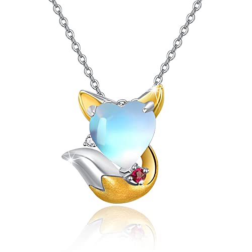 OHAYOO Mondstein Fuchs Kette Silber 925 Tier Fuchs Kette Mondstein Herz Anhänger Halskette Regenbogen Mondstein Schmuck Fuchs Geschenke Damen Mädchen Kinder von OHAYOO