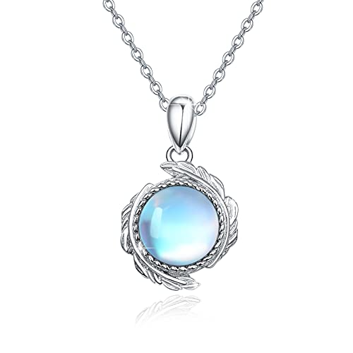 OHAYOO Mondstein/Katzenauge Kette Damen Silber 925 Regenbogen Mondstein Feder Anhänger Kette Mondstein/Katzenauge Feder Schmuck Geschenke für Damen Mädchen von OHAYOO