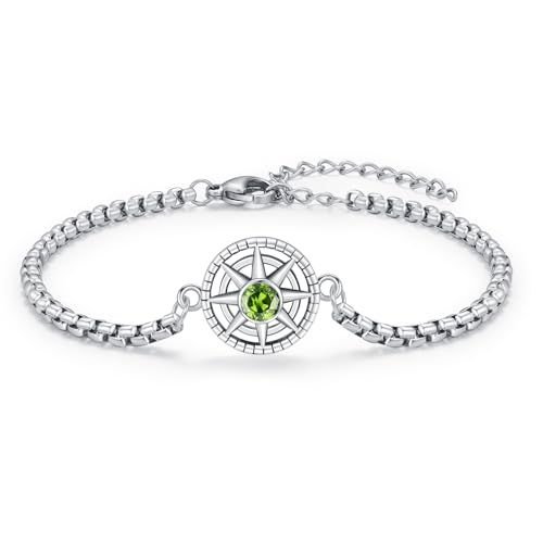 OHAYOO Damen Armband Silber 925 Kompass Geburtsstein August Peridot Armband Schmuck für Damen Herren Mädchen Teenager Geschenke von OHAYOO