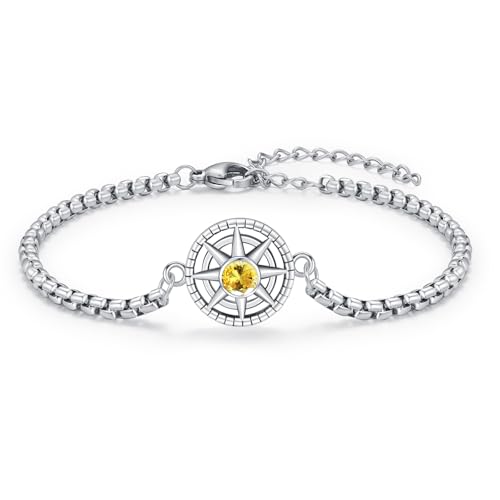 OHAYOO Damen Armband Silber 925 Kompass Geburtsstein November Citrin Armband Schmuck für Damen Herren Mädchen Teenager Geschenke von OHAYOO