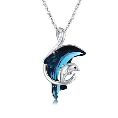 OHAYOO Delphin Kette 925 Sterling Silber Delphin Anhänger Halskette mit Blau Kristall Tier Kette Delphin Schmuck Weihnachten Geschenke für Damen Frauen von OHAYOO