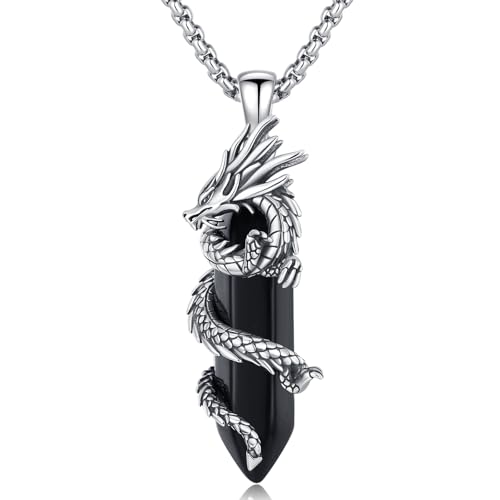 OHAYOO Drachen Halskette Herren 925 Sterling Silber Drachen Anhänger Kette Obsidian Kette für Herren Damen Wikinger Drachen Kette Drachen Schmuck Geschenk für Männer Frauen von OHAYOO
