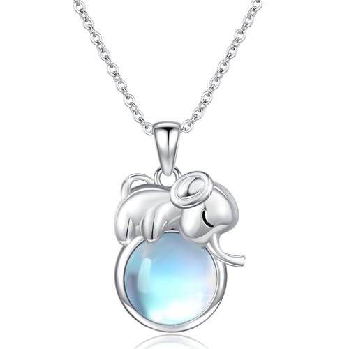 OHAYOO Elefant Kette 925 Sterling Silber Mondstein Anhänger Halskette Mädchen Elefant Tier Schmuck Mondstein Geschenk für Unisex Mädchen Damen Teenager Frauen von OHAYOO