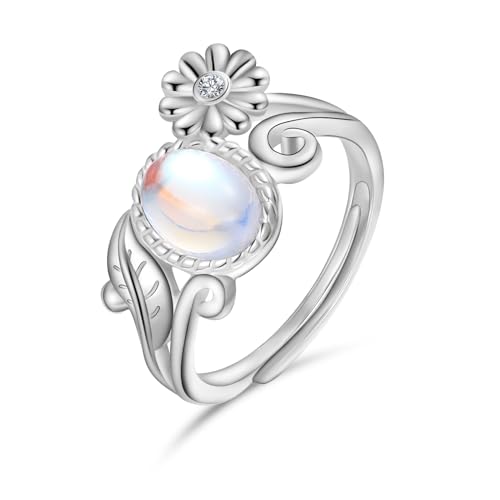 OHAYOO Gänseblümchen Ring Damen 925 Sterling Silber Mondstein Ring Mit Blumen Ringe Mondstein Schmuck Geschenk Für Damen Freund von OHAYOO