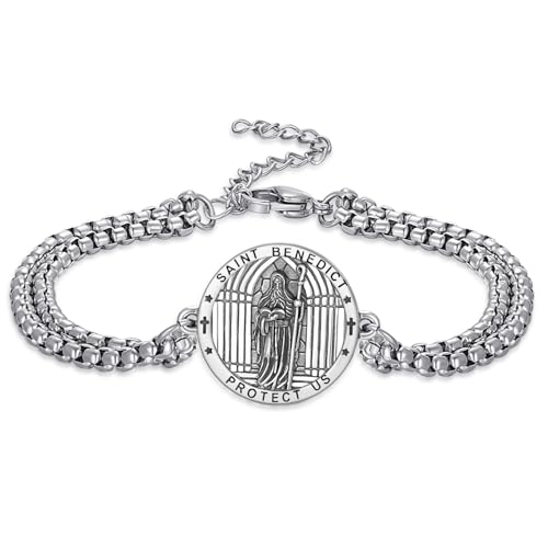 OHAYOO Heiligen Benedikt Armband 925 Sterling Silber St.Benedikt Religiöser Beschützer Armband Verstellbares Medaillenarmband Amulett Schmuck Geschenke für Herren Damen von OHAYOO