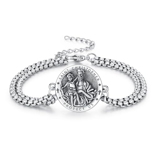 OHAYOO Heiliger Christophorus Armband 925 Sterling Silber Religiöser Beschützer Armband Verstellbares Medaillenarmband Amulett Schmuck Geschenke für Herren Damen von OHAYOO