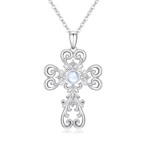 OHAYOO Herz Kreuz Kette 925 Sterling Silber Kreuz Anhänger Mondstein Kette Mit Kreuz Damen Mondstein Schmuck Geschenke Für Frauen von OHAYOO