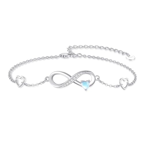 OHAYOO Infinity Armband Damen 925 Sterling Silber Infinity Mondstein Armband Unendlichkeit Herz Mondstein Armbänder Verstellbar Armkette Valentinstag Geburtstags Geschenk für Sie Frauen Freundin Mama von OHAYOO