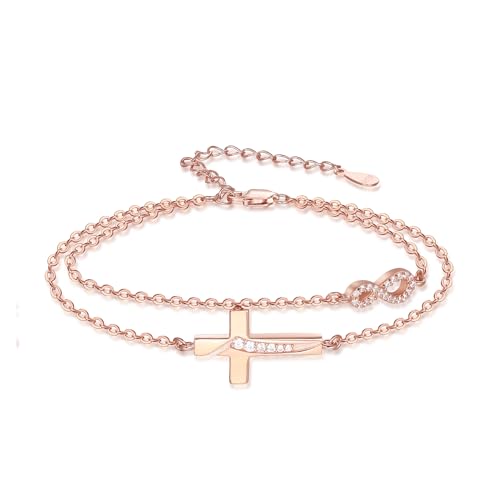 OHAYOO Infinity Armband Damen 925 Sterling Silber Rosegold Armband Unendlichkeitszeichen mit Kreuz Armband Infinity Schmuck Geschenke für Freundin Frauen Mädchen Mama von OHAYOO
