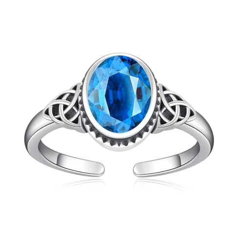 OHAYOO Keltische Ring 925 Silber Damen Verstellbar Vintage Ringe mit März Stein Aquamarin Blauer Edelstein Schmuck für Damen Frauen Mutter von OHAYOO