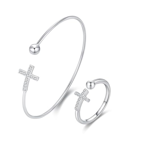 OHAYOO Kreuz Armband Ring Damen 925 Sterling Silber mit 5A Zirkonia Verstellbar Kreuz Armband Ringe Schmuck Set Geburtstags Geschenk für Mädchen Frauen Damen von OHAYOO