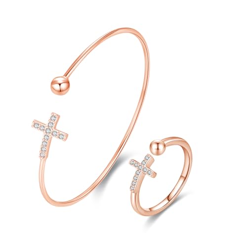 OHAYOO Kreuz Armband Ring Damen 925 Sterling Silber mit 5A Zirkonia Verstellbar Rosengoldbeschichtet Kreuz Armband Ringe Schmuck Set Geburtstags Geschenk für Mädchen Frauen Damen von OHAYOO