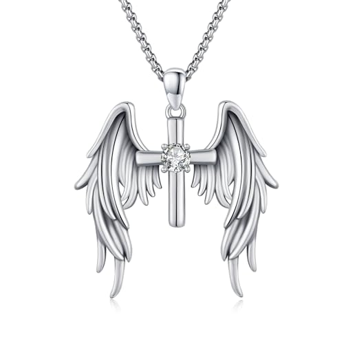 OHAYOO Kreuz Engel Kette für Damen Herren Valentinstag Geschenke 925 Sterling Silber Platin Kreuz Engelsflügel Anhänger Halskette Kreuz Schmuck für Unisex von OHAYOO