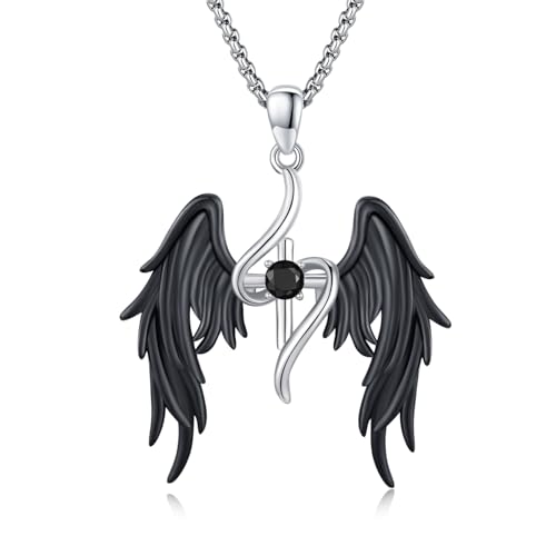 OHAYOO Kreuz Engel Kette für Damen Herren Valentinstag Geschenke 925 Sterling Silber Schwarzes Gold Kreuz Engelsflügel Anhänger Halskette Kreuz Schmuck für Unisex von OHAYOO