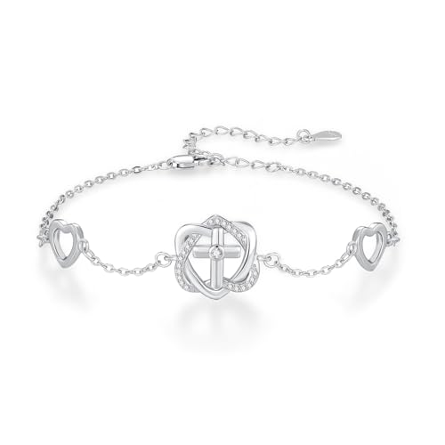 OHAYOO Kreuz Armband Damen 925 Sterling Silber Kreuzarmband mit Herz Christliches Armband Schmuck Geschenke für Damen Frauen von OHAYOO