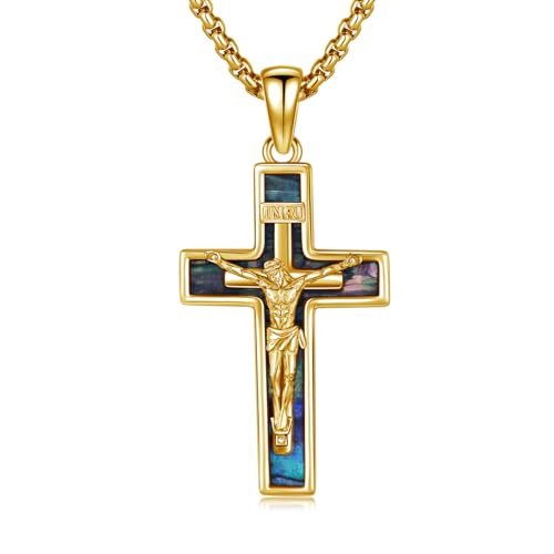 OHAYOO Kruzifix Kette 925 Sterling Silber Kreuz Kette Herren Kreuzkette Jesus Anhänger Abalone Silberkette mit Kreuz Männer Schmuck für Herren Vergoldet von OHAYOO