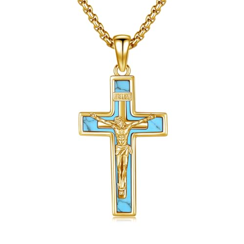OHAYOO Kruzifix Kette 925 Sterling Silber Kreuz Kette Herren Kreuzkette Jesus Anhänger Türkis Silberkette mit Kreuz Männer Schmuck für Herren Vergoldet von OHAYOO