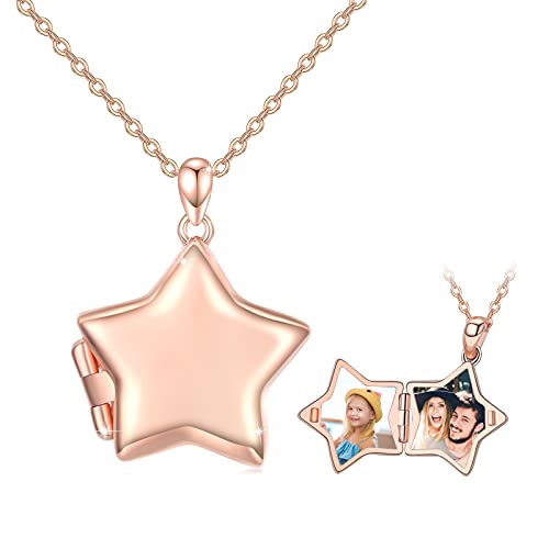 OHAYOO Medaillon Zum Öffnen für Bilder 925 Sterling Silber Stern Kette Mädchen Mit Bild Stern AnhäNger mit Foto Amulett Zum Öffnen Stern Schmuck Geschenke für Frauen Mädchen Kinder (Roségold) von OHAYOO