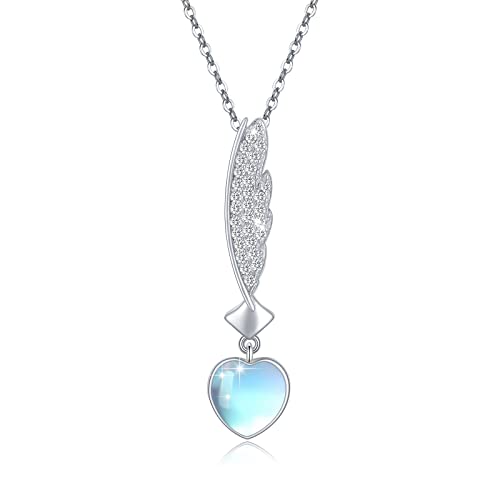 OHAYOO Mondstein Feder Halskette 925 Sterling Silber Herz Mondstein Halskette Damen Feder Anhänger Halskette mit Zirkon Mondstein Schmuck Weihnachtsgeschenke für Damen Teenager Mädchen von OHAYOO