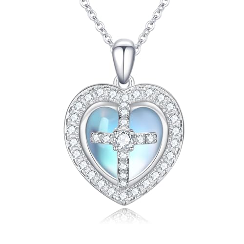 OHAYOO Mondstein Herz Kette Damen 925 Sterling Silber Herz Mondstein Kette mit Kreuz Herz Anhänger Mondstein Schmuck Geschenke für Damen Mädchen von OHAYOO