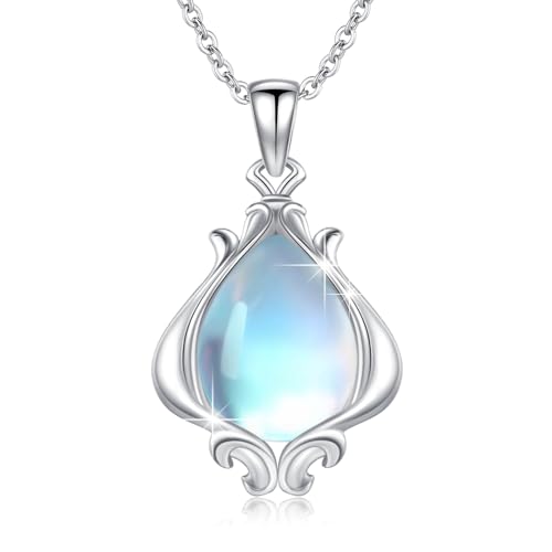 OHAYOO Mondstein Kette 925 Sterling Silber Lotus Mondstein Halskette Regenbogen Mondstein Anhänger Lotus Schmuck für Unisex Damen Mädchen Teenager Frauen Geschenke von OHAYOO