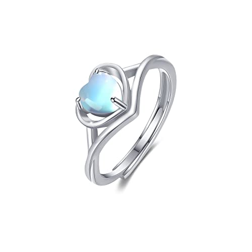 OHAYOO Herz Mondstein Ring Silber 925 Damen Herz Ring Verstellbar Edelstein Ring Irische Mondstein Schmuck Weihnachten Geschenk für Frauen Mädchen von OHAYOO