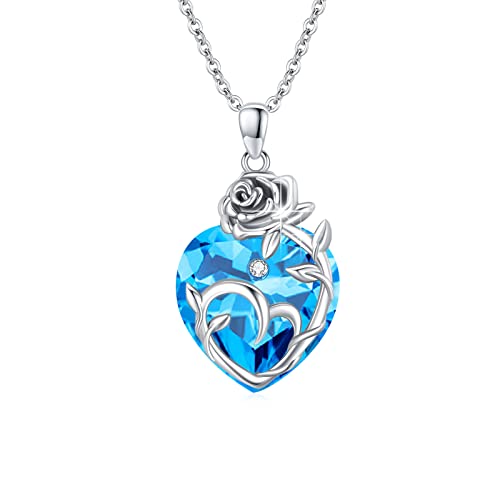 OHAYOO Rose Halskette Sterling Silber Herz Rose Halskette Rose Blume Anhänger Blau Zirkonia Herz Halskette Feiner Schmuck Graduierung Geburtstag Weihnachten Jubiläum Schmuck Geschenke für Frauen Her von OHAYOO