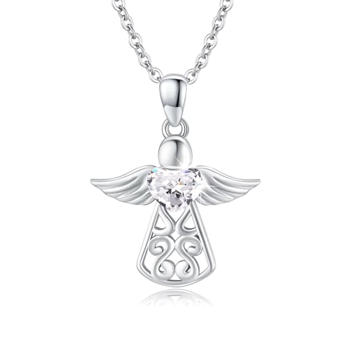OHAYOO Schutzengel Kette für Damen 925 Sterling Silber Geburtsstein Engel Anhänger Kette Schutzengel Geburtsstein Halskette Engel Schmuck Geschenke für Damen Mädchen Mutter (April) von OHAYOO