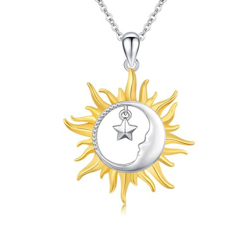 OHAYOO Sonne und Mond Kette Damen 925 Sterling Silber Stern Mond Anhänger Halskette Sonne Mond Schmuck für Unisex Frauen Damen Mädchen Geschenke von OHAYOO