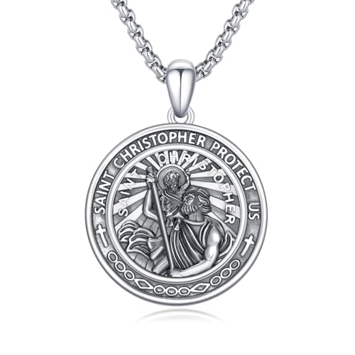 OHAYOO St Christophorus Kette 925 Sterling Silber Religiöser Amulett Halskette Sant Christophorus Anhänger Herren Beschützer Talisman Religiöser Schmuck für Herren Männer Frauen von OHAYOO