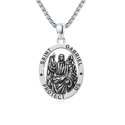 OHAYOO St Gabriel Anhänger Halskette 925 Sterling Silber Amulett Erzengel von Gabriel Medaille Schmuck für Männer Frauen mit 3mm 22"+2" Kette von OHAYOO