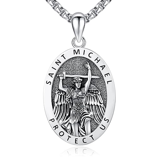 OHAYOO St. Michael Kette Herren Silber 925 Erzengel Anhänger Halskette Religiöse Amulett Schmuck Geschenke für Herren Sohn Jungen Frauen Mädchen von OHAYOO