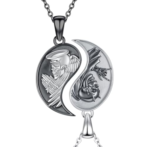 OHAYOO Totenkopf & Yin Yang Kette 925 Sterling Silver Engel Dämon Anhänger Pärchen Kette Yin Yang Totenkopf Schmuck Partnerketten für Sie und Ihn Damen Herren von OHAYOO