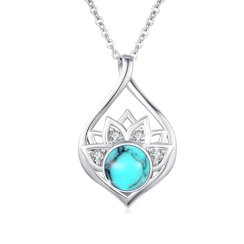 OHAYOO Türkis Kette Damen 925 Sterling Silber Türkis Lotus Anhänger Kette Lotus Blume Halskette Türkis Yoga Kette Türkis Schmuck Geschenke für Damen Frauen Mädchen von OHAYOO
