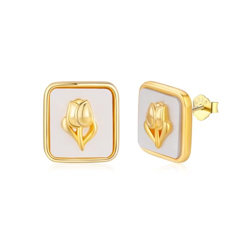 OHAYOO Tulpe Blumen Ohrstecker Ohrringe Silber 925 Vergoldet Ohrringe aus Perlmutt Perle für Damen Mädchen von OHAYOO