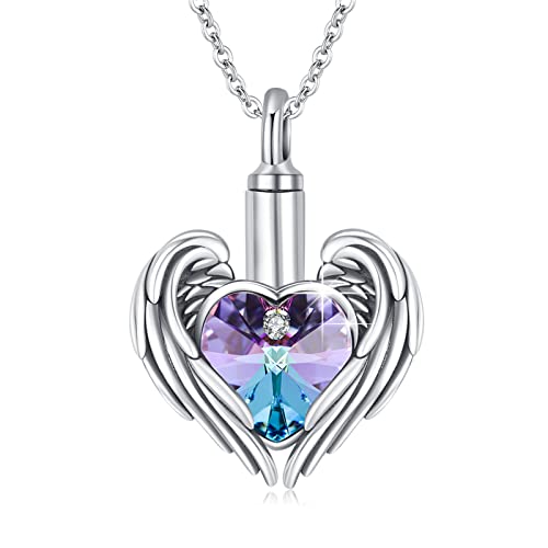 OHAYOO Urne Halskette für Asche 925 Silver Amethyst Kristall Urne Herzkette Engels Flügel Memorial Feuerbestattung Herz Anhänger Geschenke für Frauen Herren von OHAYOO