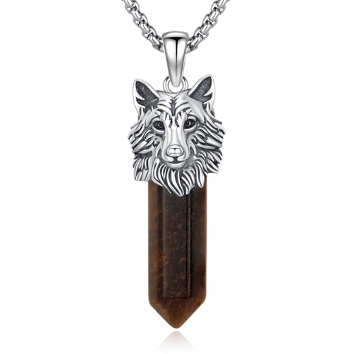OHAYOO Wolf Halskette Herren 925 Sterling Silber Wolf Anhänger Kette Tigerauge Kette für Herren Damen Wikinger Wolf Kette Wolf Schmuck Geschenk für Männer Frauen von OHAYOO
