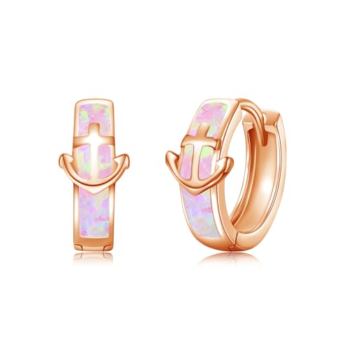 Opal Anker Ohrringe Damen 925 Sterling Silber Creolen Opal Anker Kleine Huggie Creolen Ohrringe Anker Schmuck Geschenke für Damen Frauen Mädchen (Roségold + Rosa Opal) von OHAYOO
