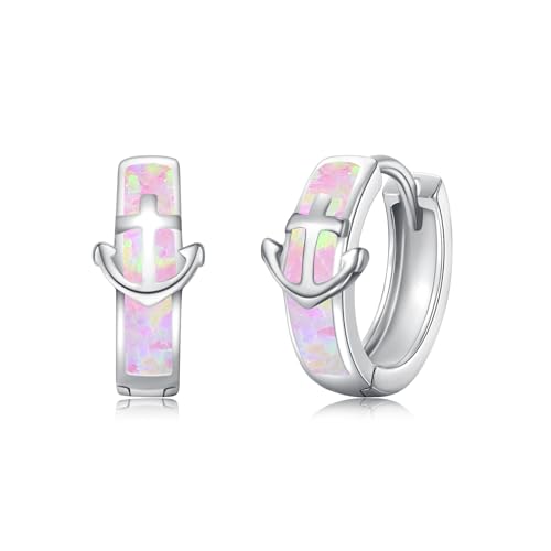 Opal Anker Ohrringe Damen 925 Sterling Silber Creolen Opal Anker Kleine Huggie Creolen Ohrringe Anker Schmuck Geschenke für Damen Frauen Mädchen (Silber+Rosa Opal) von OHAYOO