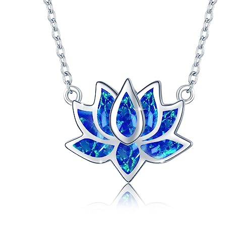 Opal Lotus Kette Damen 925 Sterling Silber Anhänger Halskette Yoga Heilung Charms Blume Schmuck Geschenke für Frauen (Blauer Opal) von OHAYOO