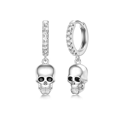 Totenkopf Ohrringe 925 Sterling Silber Totenkopf Huggie Creolen Ohrringe Halloween Ohrringe Gothic Totenkopf Schmuck für Unisex Damen Herren Mädchen Teenager Geschenke von OHAYOO