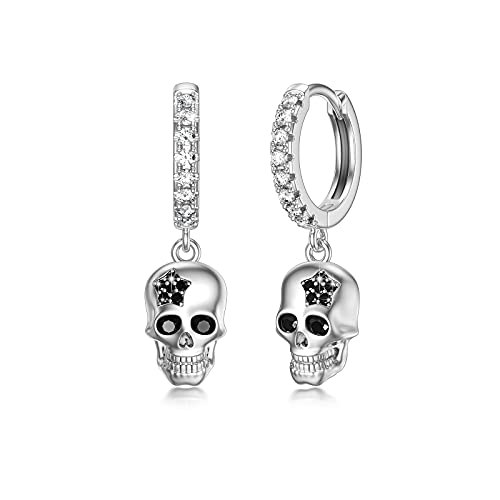 Totenkopf Ohrringe Silber 925 Totenkopf Huggie Creolen für Damen Totenkopf Huggie Baumeln Creolen Zirkonia Creolen Goth Ohrringe Halloween Schmuck Geschenke für Damen Herren von OHAYOO